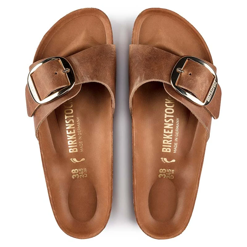 Women's Madrid Oiled Leather Big Buckle Sandals in Cognac - Image 3