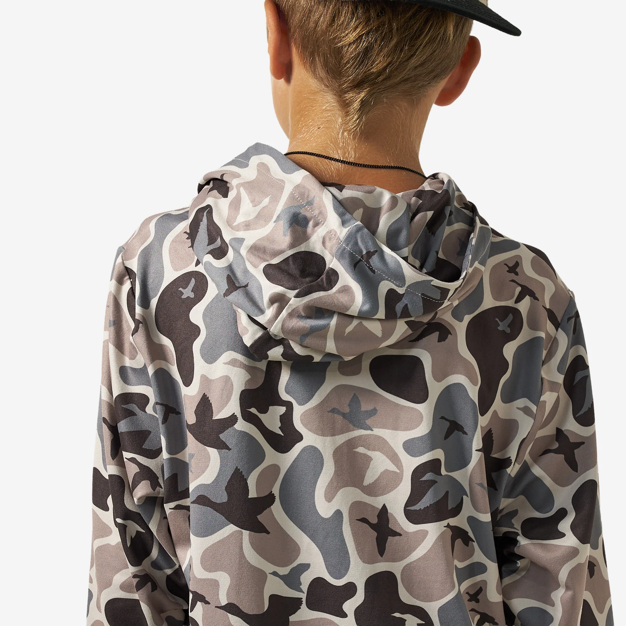 Youth Long Sleeve Performance Hoodie in Mallard Mayhem Camo - Image 3