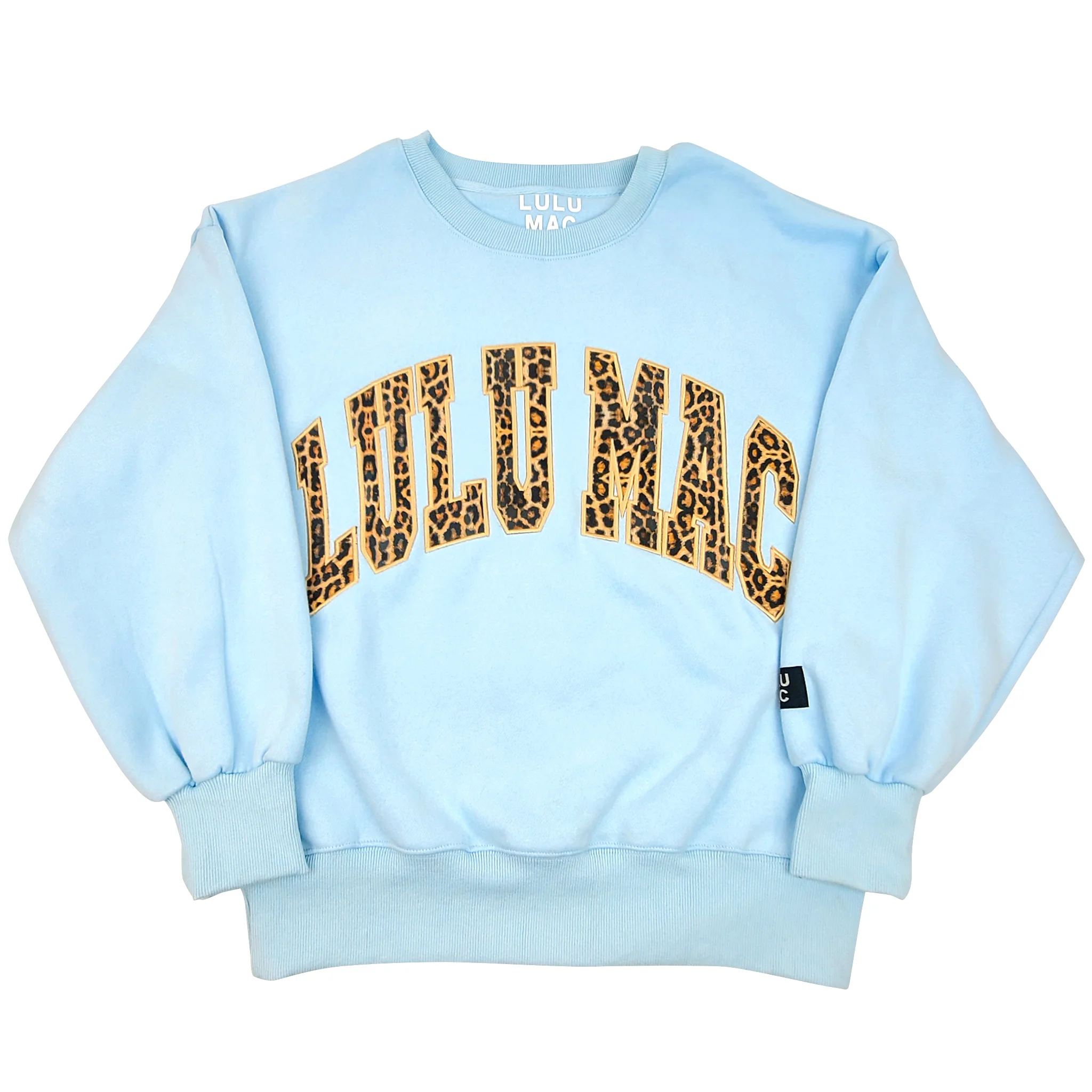 Lulu Mac Embroidered Crewneck Sweatshirt in Light Blue and Leopard