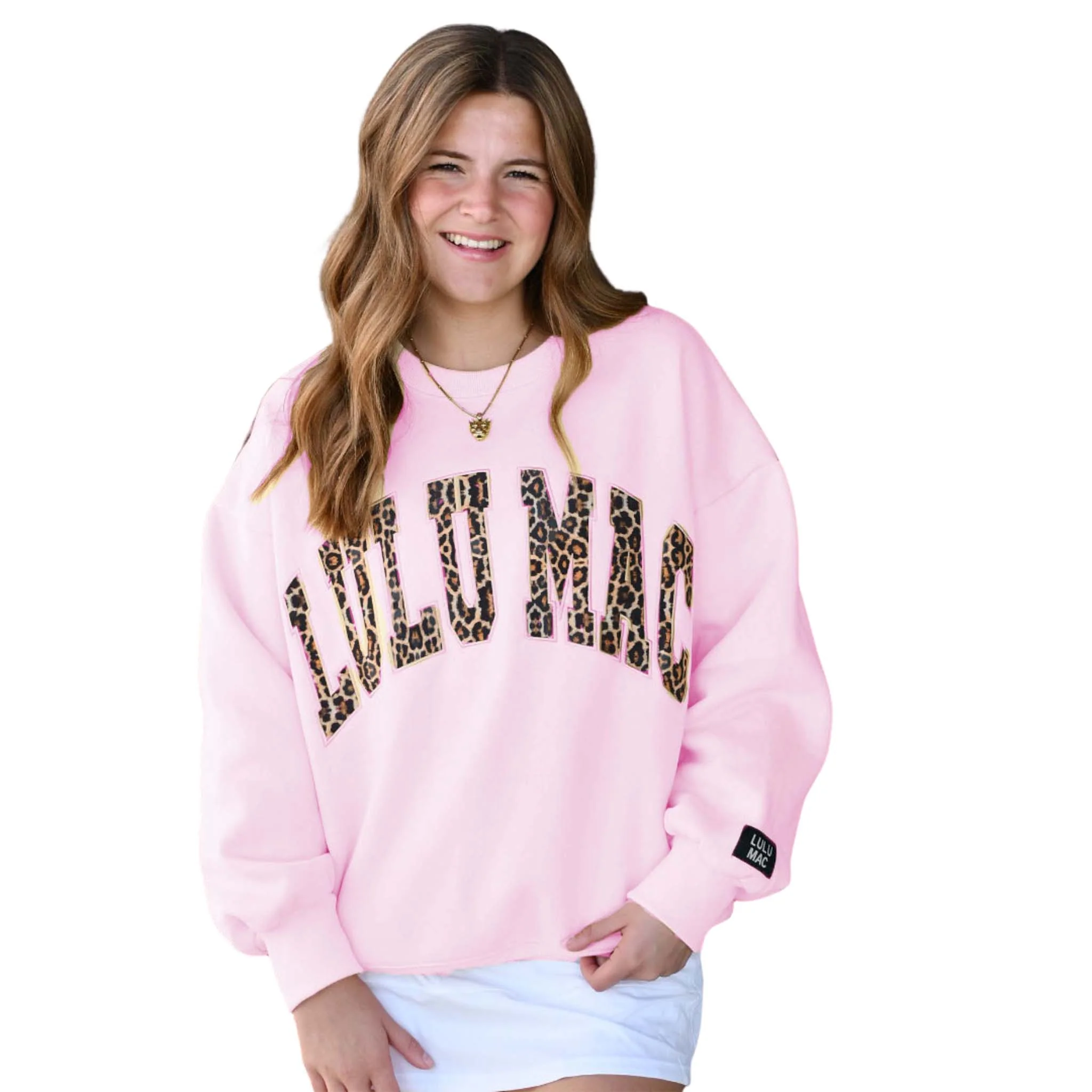Lulu Mac Puff Crewneck Sweatshirt in Light Pink and Leopard