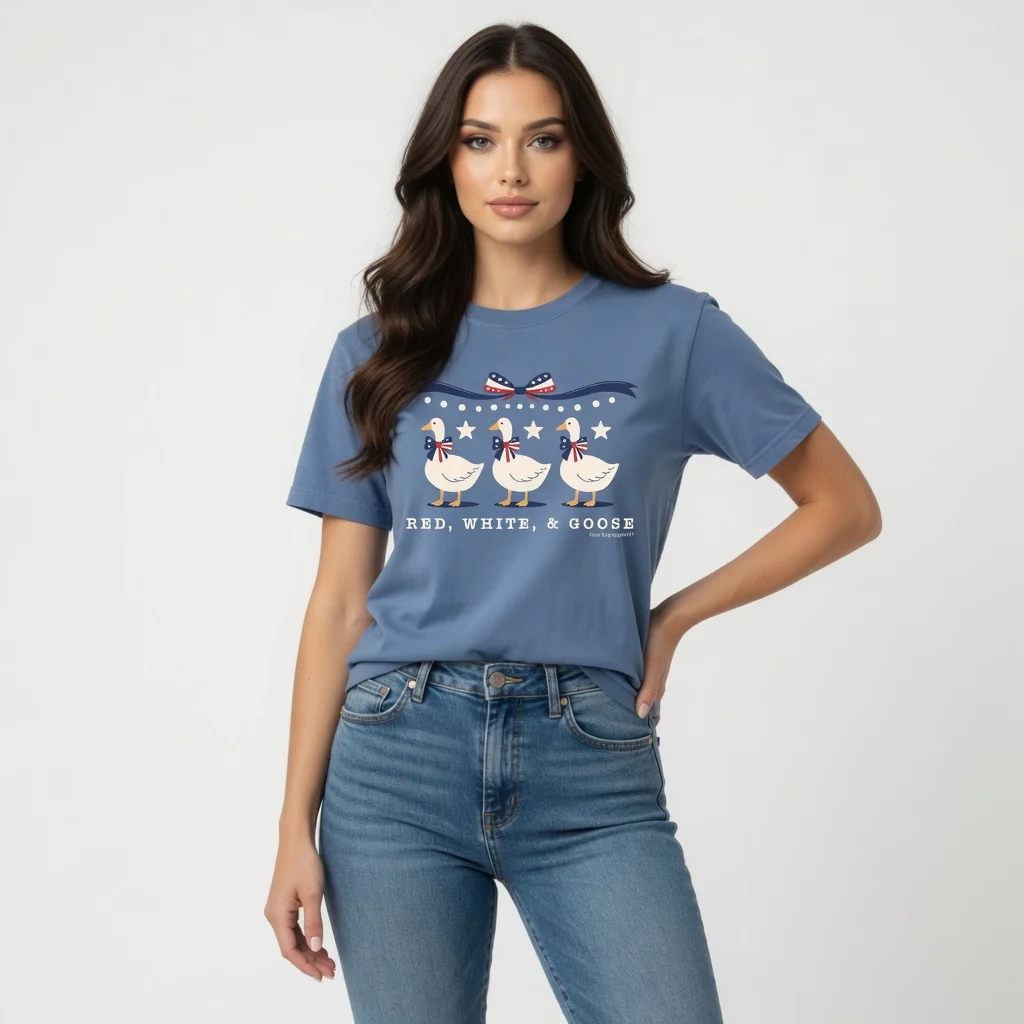 Red, White, & Goose Short Sleeve T-Shirt in Washed Denim - Image 2