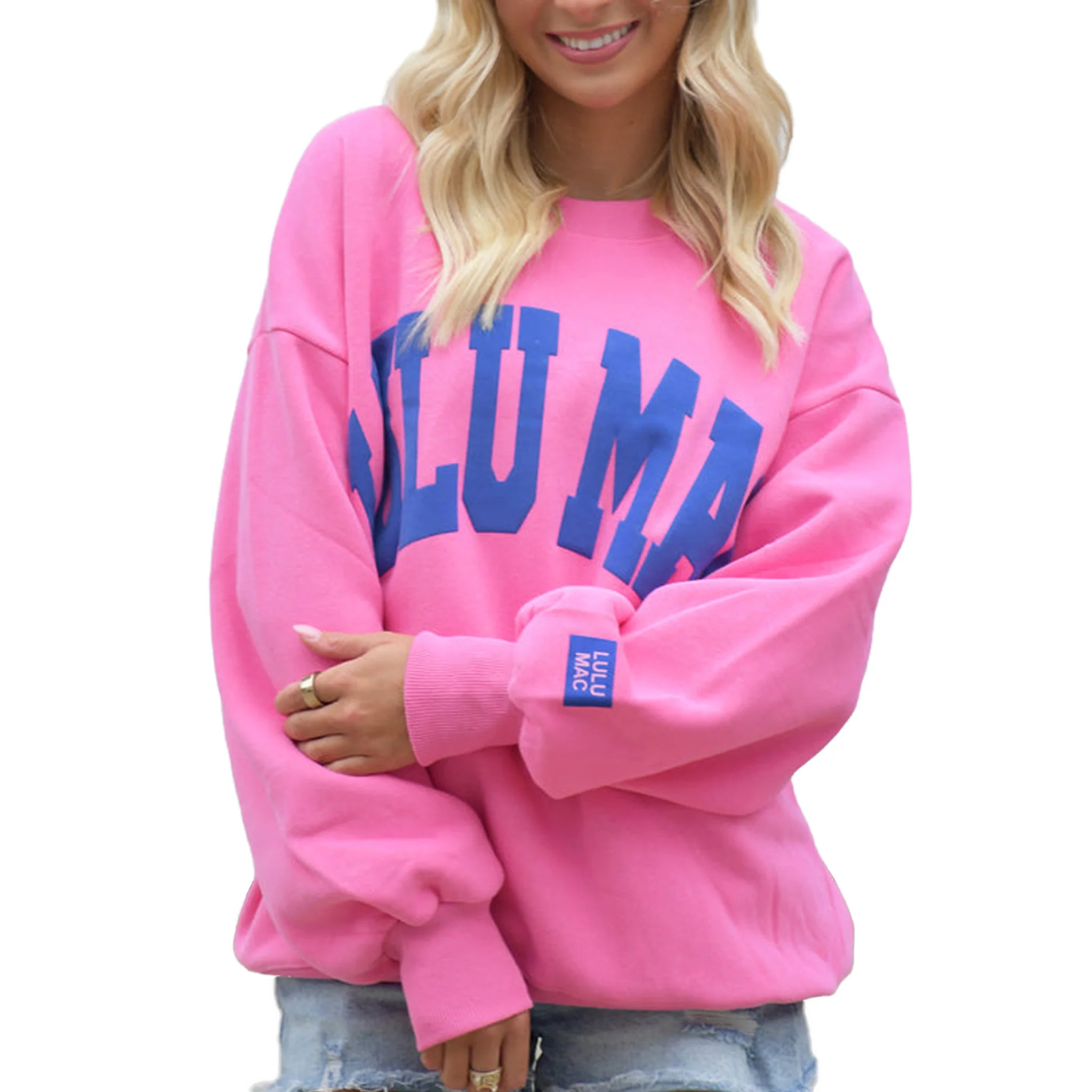 Lulu Mac Puff Crewneck Sweatshirt in Pink and Royal Blue - Image 4