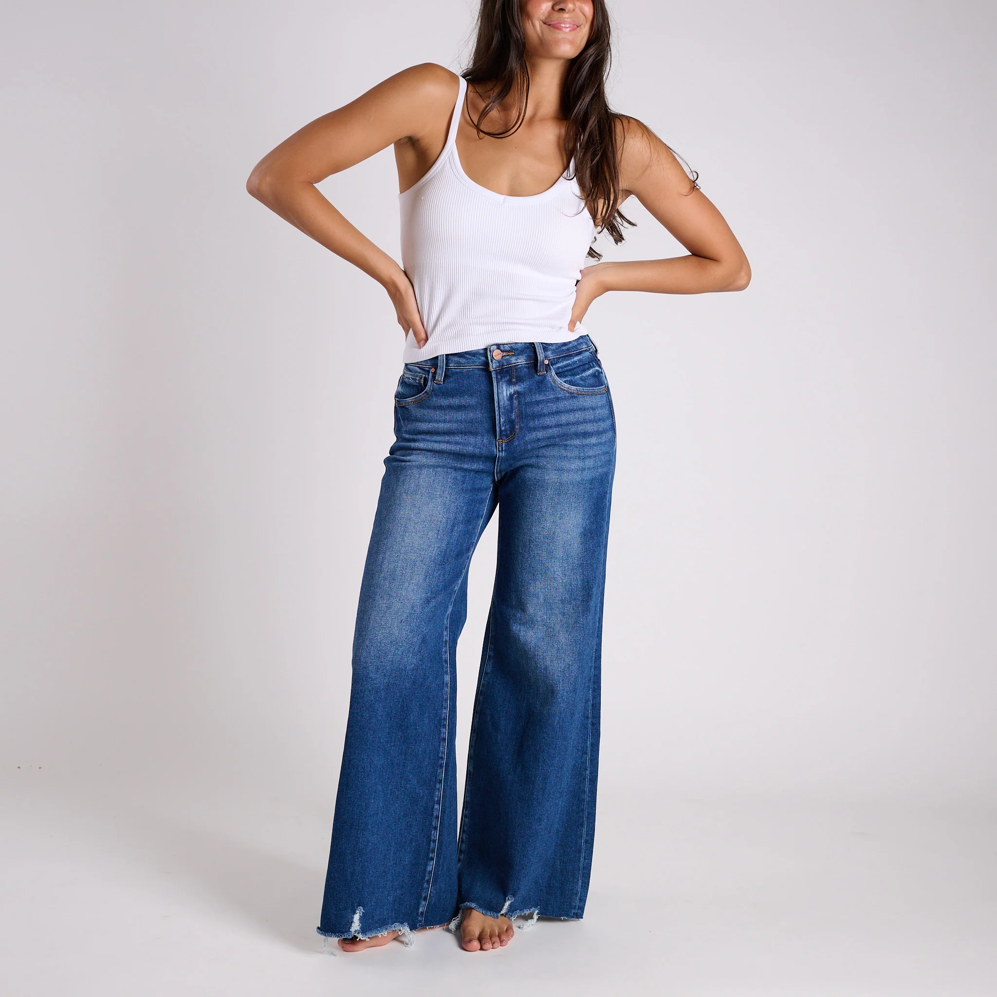 High Rise Raw Hem Wide Leg Dark Jeans - Image 2
