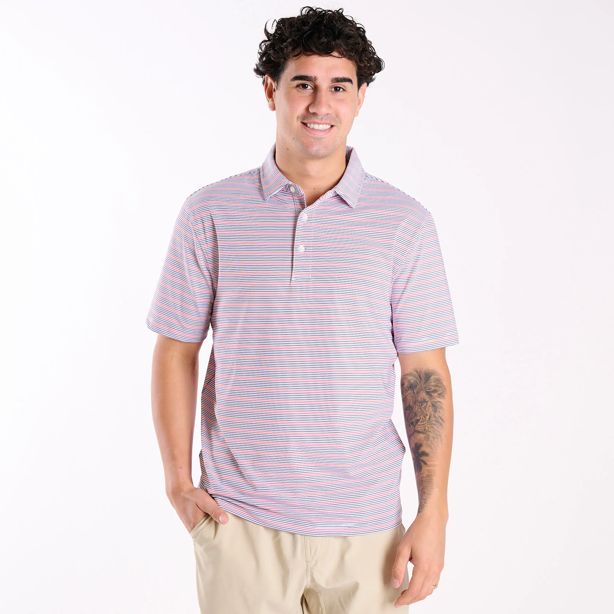 Men's Red and Blue Striped UPF Polo