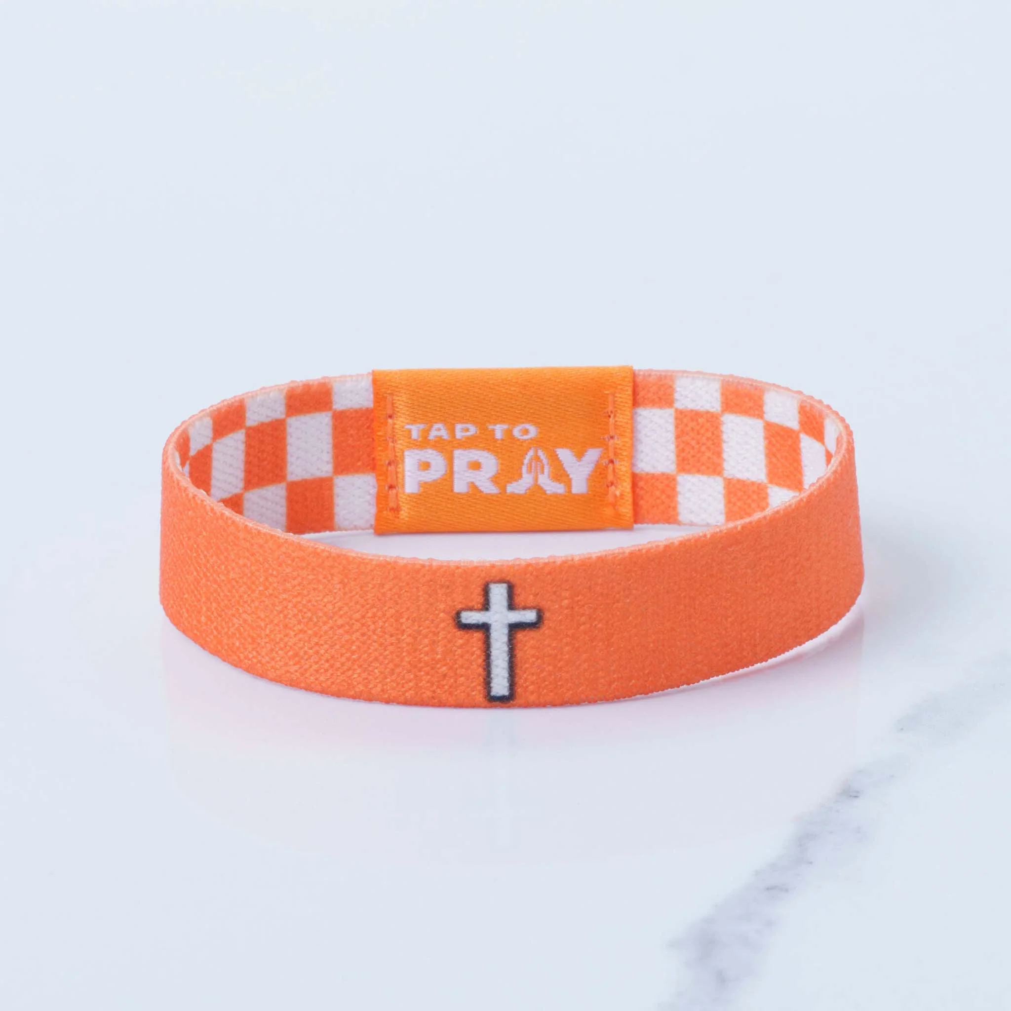 Tap To Pray Wristband in Orange and White Checker - Image 2